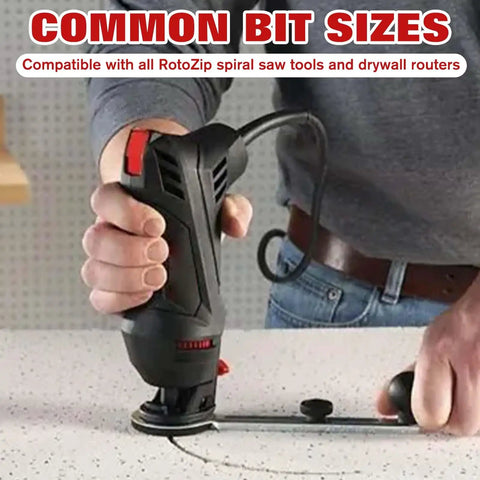 Person using Rotozip spiral saw tool, highlighting compatibility with Replacement Collet And Nut Kit For CN1, drywall cutting