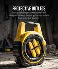 Yellow Slick Retractable 20Ft Extension Cord Reel With Four Outlets And On Off Switch 16 3 AWG Power Cable on workshop floor