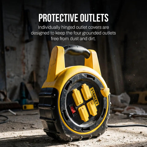 Yellow Slick Retractable 20Ft Extension Cord Reel With Four Outlets And On Off Switch 16 3 AWG Power Cable on workshop floor