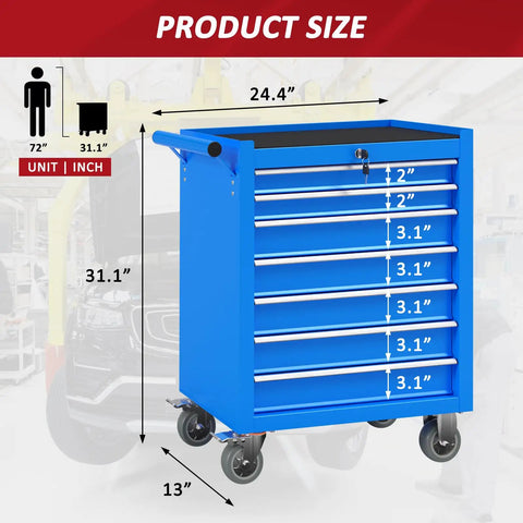 Badass Seven Drawer Rolling Tool Chest With Heavy Duty Swivel Wheels Portable Job Site Tool Cart And Secure Locking Steel Storage Cabinet Upgraded Cold Rolled Steel Build For Garage Workbench Blue