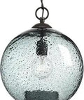 Malbec One Light Pendant In Antique Bronze Finish With Recycled Blue Tone Textured Glass Handcrafted Artisan Glass Shade