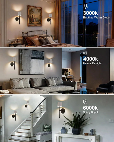 FRIDEKO HOME Black Battery Operated Wall Sconces Set of 2 Small, 12.2in in various lighting settings in modern interiors.