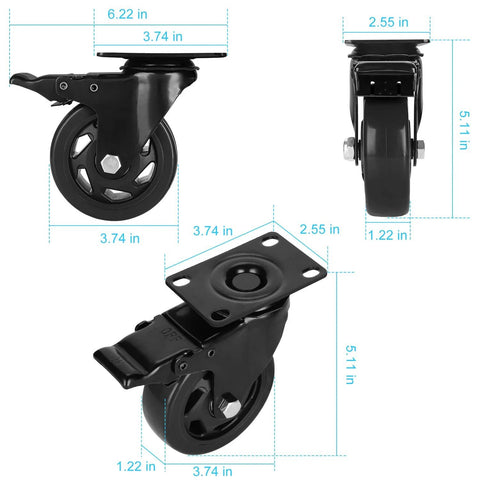 4 Inch Caster Wheels Set of 4 Heavy Duty Rubber Plate Casters Load Capacity Up To 1200lbs With Safety Brakes Lockable Swivel