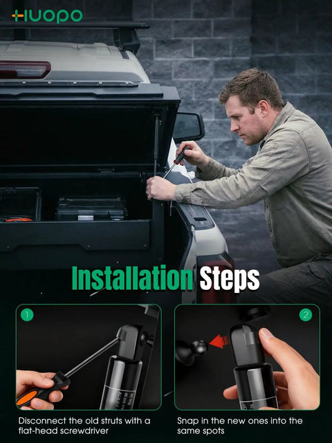 Man installing 10 Inch Gas Struts 32 44 Lb Tool Box Shocks with screwdriver next to a truck bed
