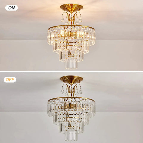 Crystal Gold Chandelier Ceiling Light With E12 Base, Modern Semi Flush Mount Fixture, 15.35 Inch Diameter, On and Off