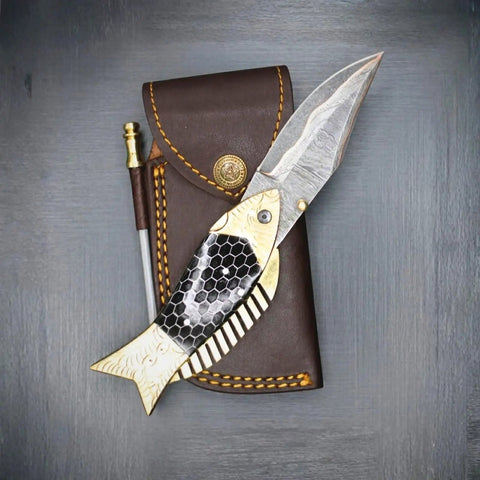 Damascus Fish Style Folding Knife With Ladder Pattern Blade Handmade Damascus Steel Pocket Knife For Everyday Carry