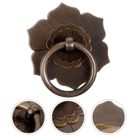 Close-up of Vintage Metal Cabinet Pulls With Lotus Ring Handles Antique Bronze Drawer Knobs for Kitchen and Dresser, front view.