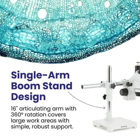 Professional Trinocular Stereo Zoom Microscope With Boom Stand, Long Working Distance, 10X Super Widefield Eyepieces, Adjustable Interpupillary, A Solid Workhorse For Circuit Boards And Dental Appliances, single-arm boom stand