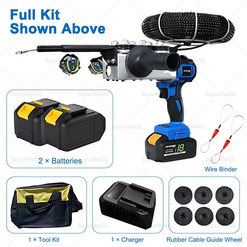 Liuyunfei 21V Cordless Electric Fish Tape Wire Puller With Brushless Motor and Dual 3000Mah Batteries, includes tool kit, batteries, and charger.