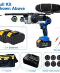Liuyunfei 21V Electric Cable Puller With Brushless Motor 300lbs Pulling Force full kit showing tool kit, charger, batteries, and accessories.