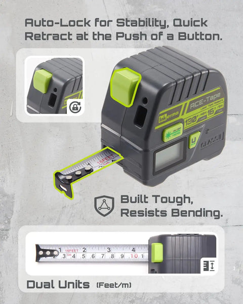 Two In One Laser Tape Measure With 130Ft Laser Range And 16Ft Tape, Digital Laser Meter With M In Ft Ft In Units, LCD Display, Self Locking Tape, Belt Clip For Quick, Accurate DIY And Professional Jobs, gray plastic housing, dual units