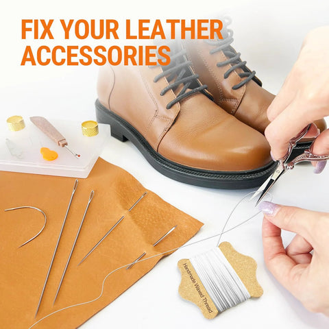 VONEEDL Upholstery Repair Kit: white waxed thread and 11 needles for leather; brown boot and sewing tools shown