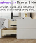 Level Up Your Bedroom Setup With This Modern Leather Upholstered Nightstand Boasting Roomy Desktop Space And Two Heavy Duty Wooden Drawers For Easy Storage with open drawers showing smooth sliding mechanism.