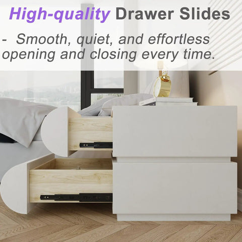 Level Up Your Bedroom Setup With This Modern Leather Upholstered Nightstand Boasting Roomy Desktop Space And Two Heavy Duty Wooden Drawers For Easy Storage with open drawers showing smooth sliding mechanism.