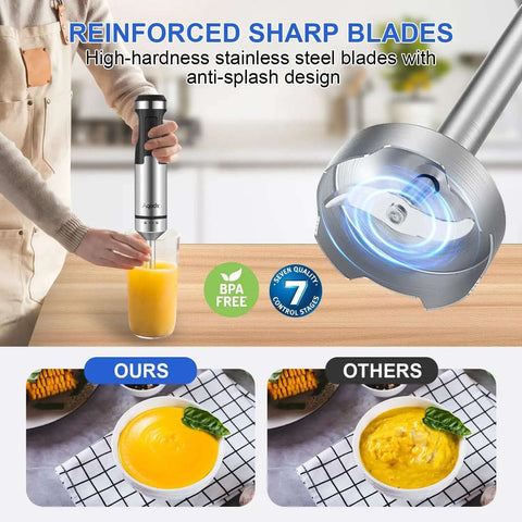 Powerful 1500W Corded Immersion Blender Handheld 5 In 1 Mixing Kit With 20 Speed Options Turbo Boost blending into a glass.