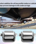 Set Of Four Steel Micro Rollers 2 Inch Square Heavy Duty Wheels For RV Trailers And Low Profile Vehicles Beef Up Undercarriage Protection Weld On Micro Roller Protects Underbody On Motorhomes Fifth Wheels Campers And Trailers, two rollers shown protecting undercarriage