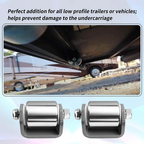 Set Of Four Steel Micro Rollers 2 Inch Square Heavy Duty Wheels For RV Trailers And Low Profile Vehicles Beef Up Undercarriage Protection Weld On Micro Roller Protects Underbody On Motorhomes Fifth Wheels Campers And Trailers, two rollers shown protecting undercarriage