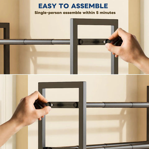Hands assembling Expandable 2 Tier Shoe Rack Grows From 19 To 43.3 Inches For Closet Hallway Front Door Or Garage Tough Steel Space Saving Organizer That Fits Any Entryway No Fuss Easy Setup Black