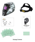 Package contents of Auto Darkening Welding Helmet With 4/5-13 Shade Range And Large 3.86x2.50 Viewing Window Solar Powered ANSI Z87.1 Compliant