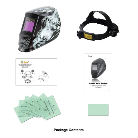 Package contents of Auto Darkening Welding Helmet With 4/5-13 Shade Range And Large 3.86x2.50 Viewing Window Solar Powered ANSI Z87.1 Compliant