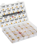Capacitor Kit With 485 Pcs Multilayer Ceramic Assortment in 24 pF Values, open labeled box with various capacitor sizes visible
