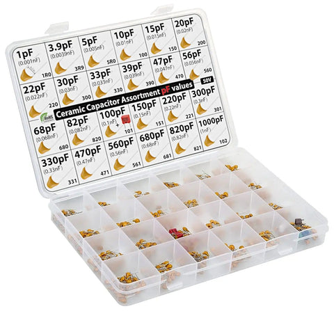 Capacitor Kit With 485 Pcs Multilayer Ceramic Assortment in 24 pF Values, open labeled box with various capacitor sizes visible