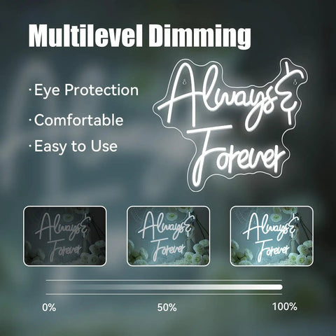 Always & Forever neon sign with multilevel dimming features, eye protection, and comfort display options shown.