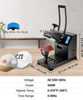 Zero Hassle 6X3.75 Inch Curved Hat Heat Press Clamshell Design Nonstick Aluminum Plate with LCD control, power specs shown.