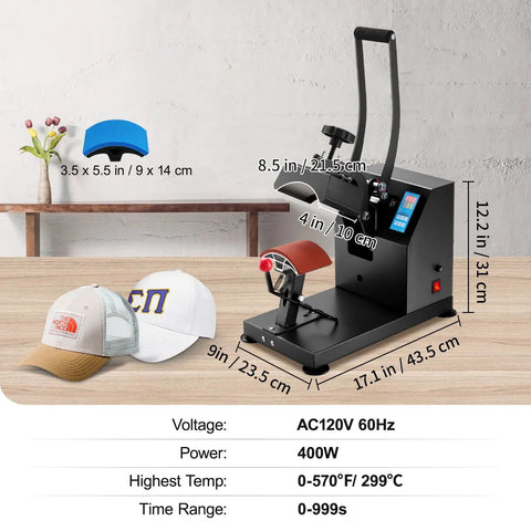 Zero Hassle 6X3.75 Inch Curved Hat Heat Press Clamshell Design Nonstick Aluminum Plate with LCD control, power specs shown.