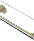 Remi Collection 16 Inch Vanity Gallery Rail Glass Shelf Satin Brass Wall Mounted Space Saver With Hidden Mounting Hardware And Three Eighths Inch Thick Glass For Tough Long Lasting Bathroom Storage.