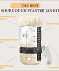 Sourdough Starter Kit 24 Oz With Date Marked Feeding Band Thermometer Cloth Cover And Metal Lid Reusable Home Baking Supplies For Beginners And Pros At Home displayed with cloth cover, thermometer, feeding band, and aluminum lid.