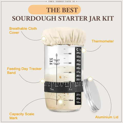 Sourdough Starter Kit 24 Oz With Date Marked Feeding Band Thermometer Cloth Cover And Metal Lid Reusable Home Baking Supplies For Beginners And Pros At Home displayed with cloth cover, thermometer, feeding band, and aluminum lid.
