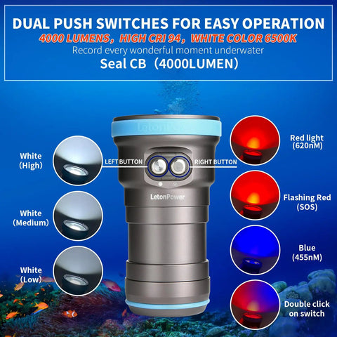 Image of 4000 Lumen Underwater Dive Light For Photography And Video, 6500K White Plus Blue And Red Light, 94 CRI, 120 Degree Beam.