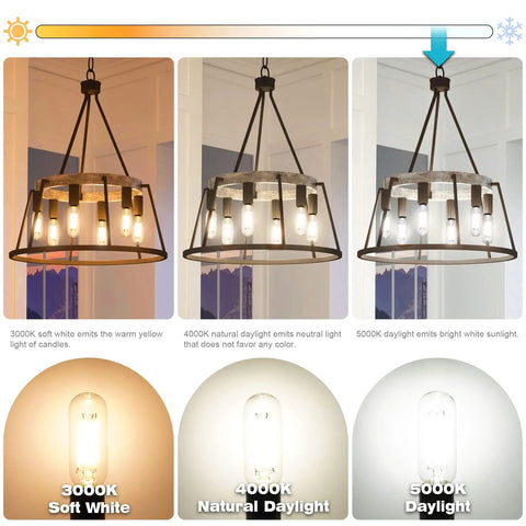 Light comparison using E12 Candelabra LED Bulbs 40W Equivalent 4000K Natural Daylight in chandelier setup, showing different color temperatures.