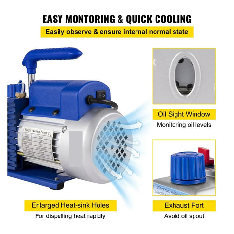 3CFM 1/4HP Vacuum Pump With Chamber For Household And Auto Air Conditioning Servicing, A Handy Refrigeration Vacuum Tool With 6L Chamber, Pro Grade, Durable, Easy To Use, Great For Maintenance And Repairs. Blue vacuum pump with oil sight window and exhaust port