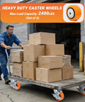 Worker using industrial cart with 4x2 Inch Replacement Caster Wheels Set Of 4 With 1/2 Inch Bore, Polyurethane On Polyolefin Core, Heavy Duty
