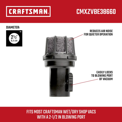2-1/2 Inch Muffler Diffuser For Wet Dry Vac Attachment showing 2-1/2 inch diameter and easy locking feature on red background