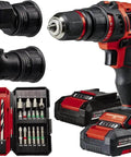 Rock Solid 18V Cordless Drill Driver With Kickass 45 Nm Torque And Smooth Two Speed Gearing Includes Dual 2.0 Ah Batteries Quick Charger Plus Full 22 Piece Accessory Kit showing drill, batteries, and accessory bits.