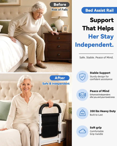 Woman using Beefy Heavy Duty Bed Rails For Seniors Safety Adjustable Bed Guard Rail For Fall Prevention Up To 350 Pound Capacity