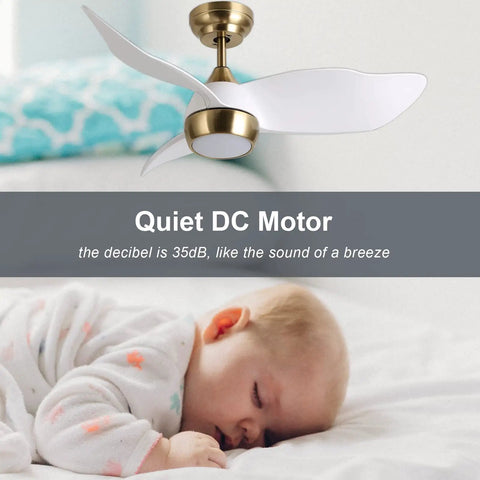 36 Inch White Gold Modern Ceiling Fan With Light And Remote, Quiet DC Motor, 3 Blade Design over sleeping baby