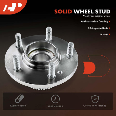 Close-up of Two Rear Wheel Bearing And Hub Assembly Set With ABS Ring For Hyundai Santa Fe 2001-2006 FWD Only, showing durable five-lug steel construction with anti-corrosion coating.