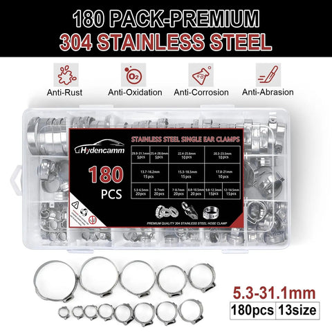 180 Piece Single Ear Hose Clamp Set in 13 Sizes 5.3 to 31.1mm 304 Stainless Steel Cinch Clamp Rings Assortment in storage box