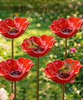 Metal Flower Garden Stake With Bee Bath And Bird Water Bowl For Pollinator Friendly Yard Decor Weather Resistant Outdoor Garden Art Gift For Bird Lovers Red 5 Pack displaying red flower-shaped bowls with a bee and birds in a garden setting.
