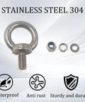 Five Piece M8 Stainless Steel Eye Bolts Kit With Nuts And Washers showing corrosion-resistant stainless steel material