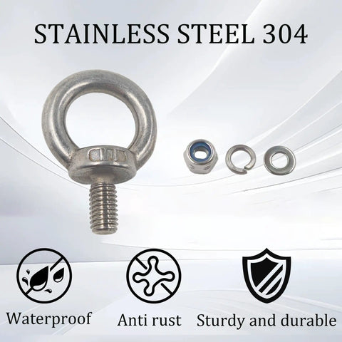Five Piece M8 Stainless Steel Eye Bolts Kit With Nuts And Washers showing corrosion-resistant stainless steel material