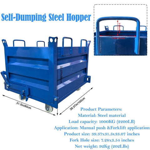 Heavy Duty 2200 Lb Self Dumping Hopper For Forklift And Manual Operation Rock Solid Steel Frame Industrial Material Cart with wheels