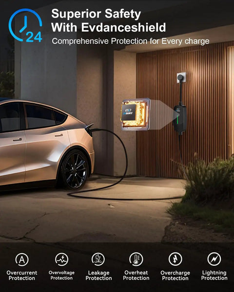 Level 1 And Level 2 Tesla Charger With 25 Ft Nacs Mobile Connector for Home EV Charging Station connected to a Tesla.