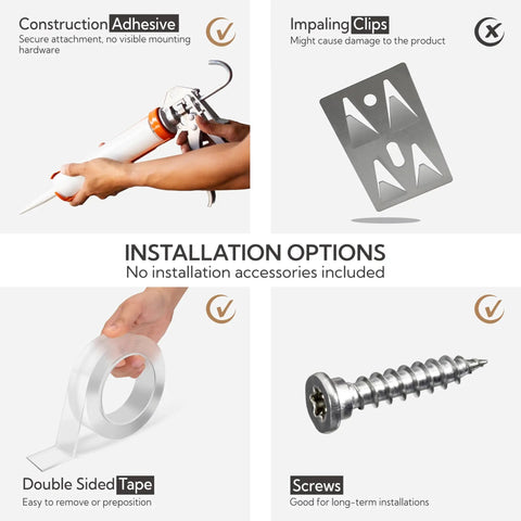 Installation options for Acoustic Wall Panels 10 Pack For Home Studio And Office, showing adhesive, impaling clips, tape, and screws.
