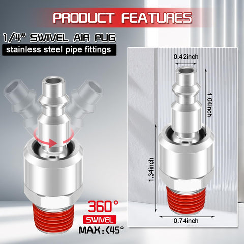 Three Way Air Hose Splitter With Red Manifold And Quarter Inch NPT Connections Pro Grade Industrial Swivel Plugs