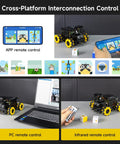 Raspberry Pi 5 AI Vision Robot with 360° mecanum wheels; yellow chassis with app remote control and PC/infrared remotes